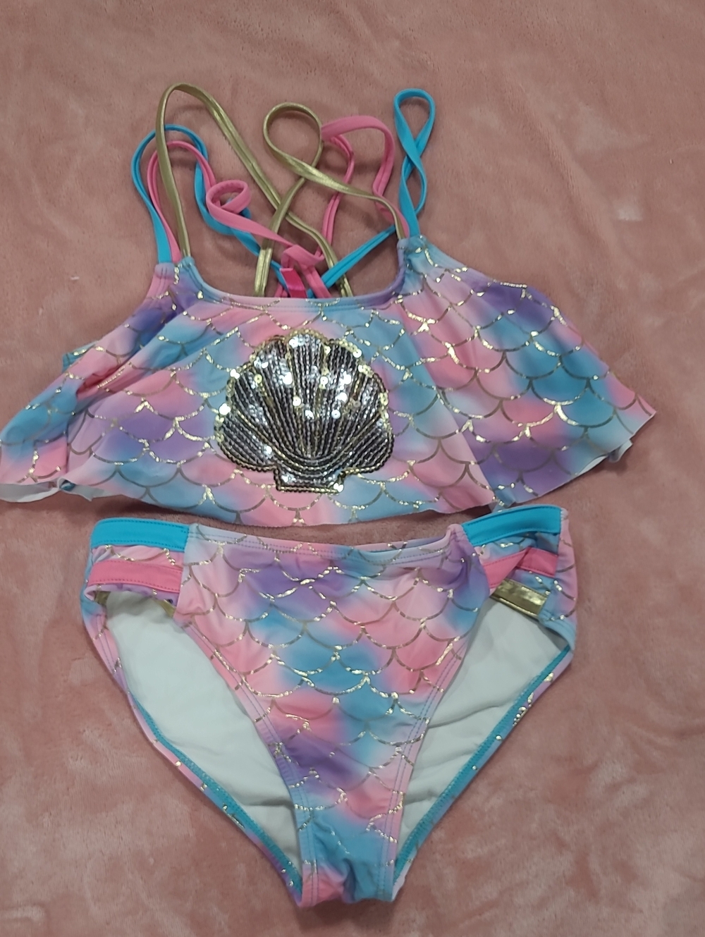 Betsey Johnson Girls Pink Blue Purple Mermaid Sequin Bikini Set with Gold Shell